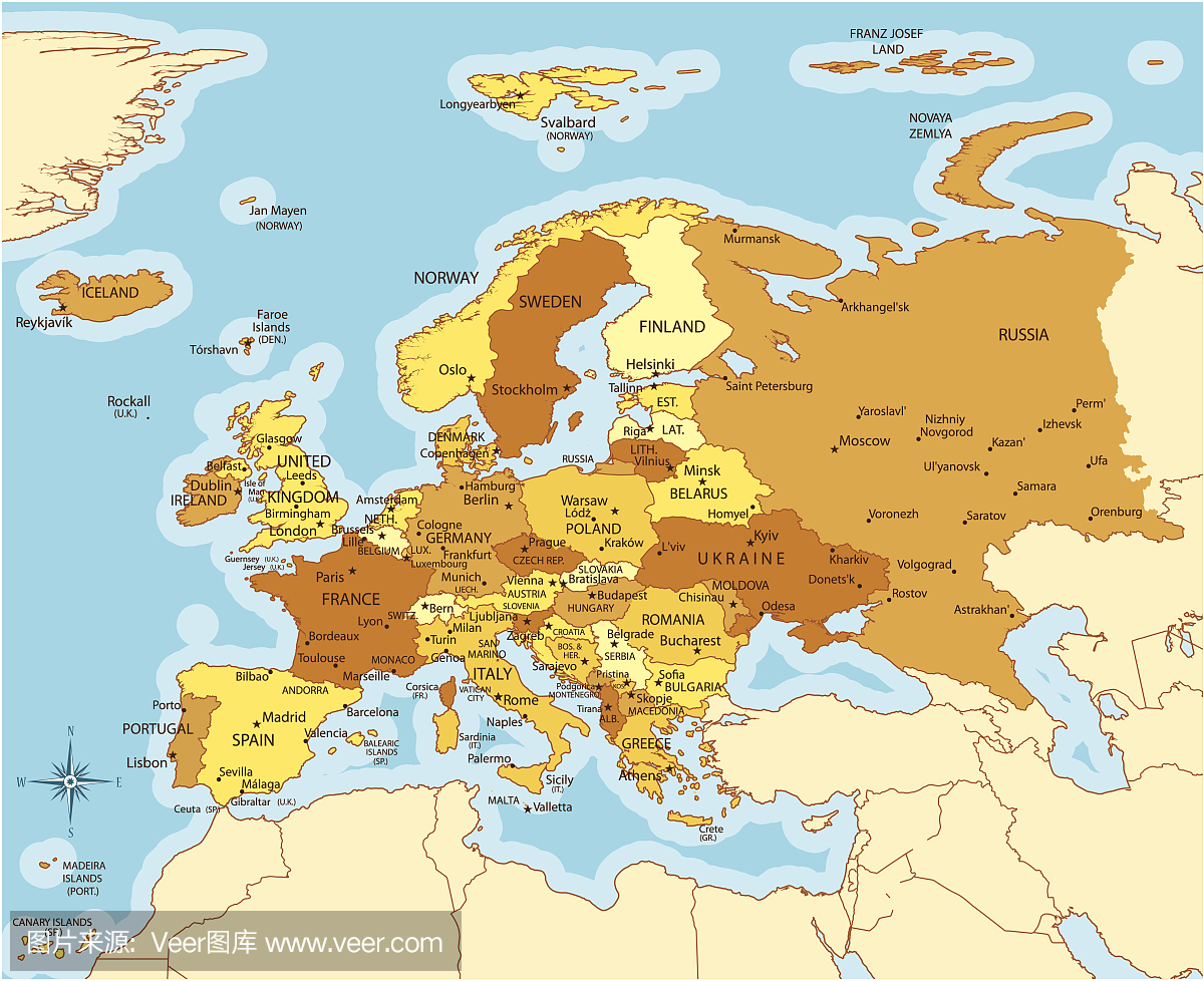 欧洲地图与国家和城市