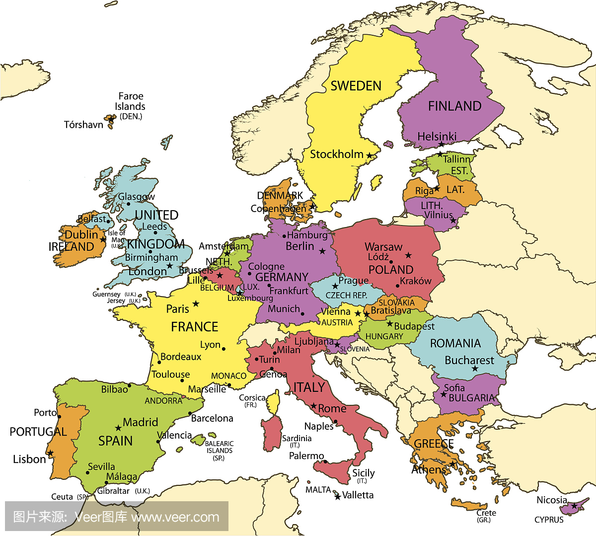 欧洲联盟地图与国家和城市