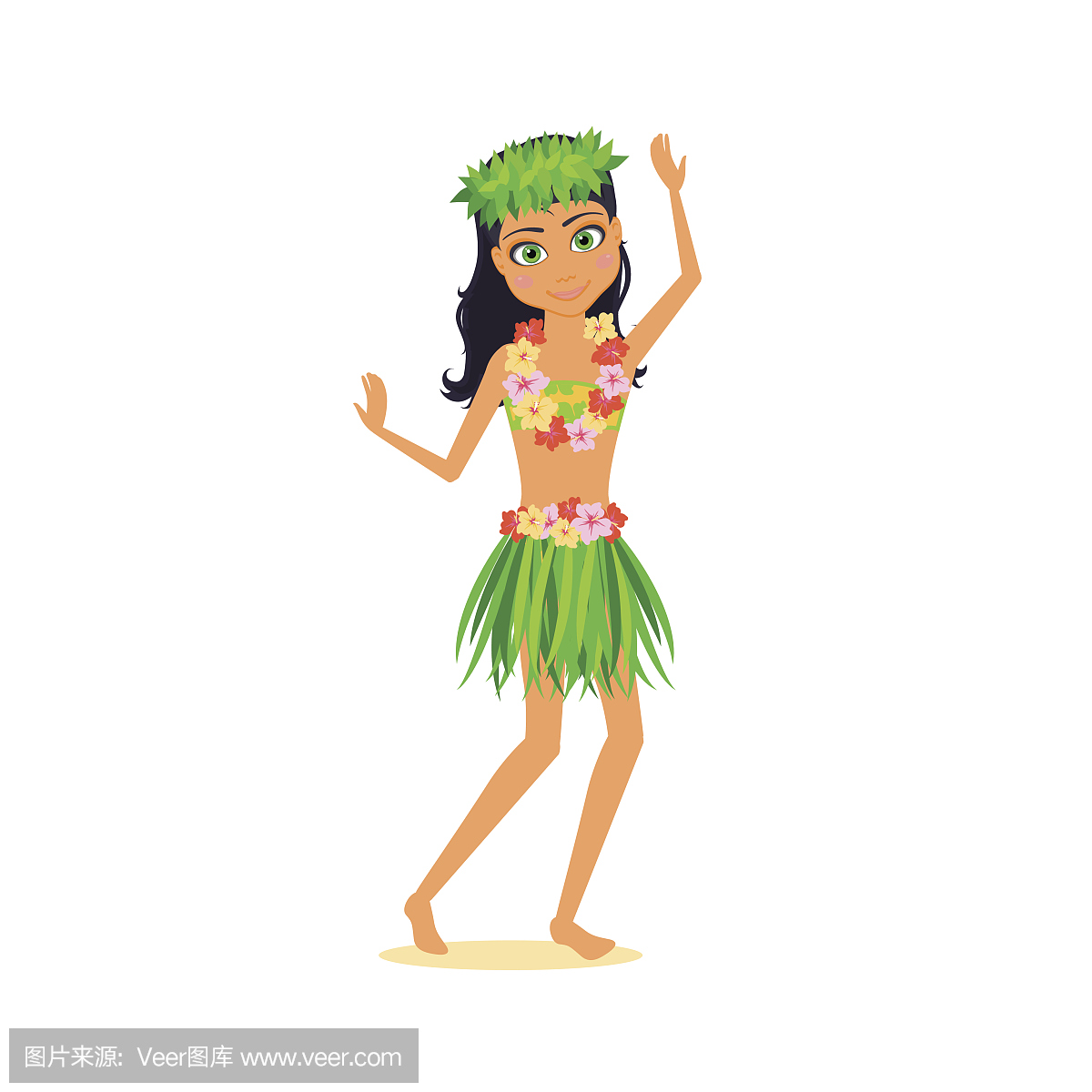 图旅行。夏威夷的女人,花环,国家裙子和树叶花