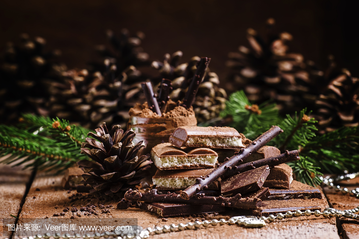 不同的巧克力和可可粉