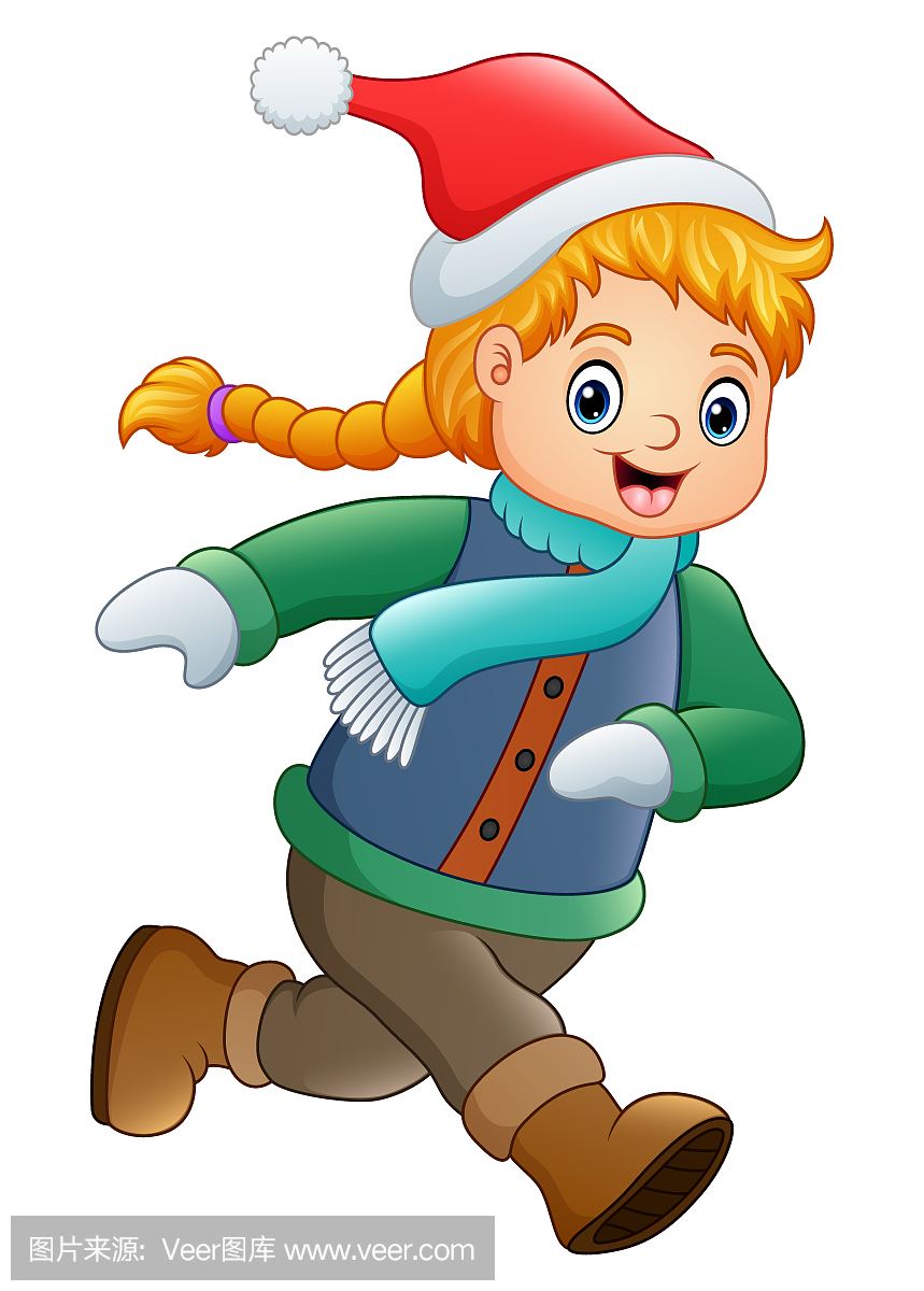 穿着冬季衣服运行的卡通女孩