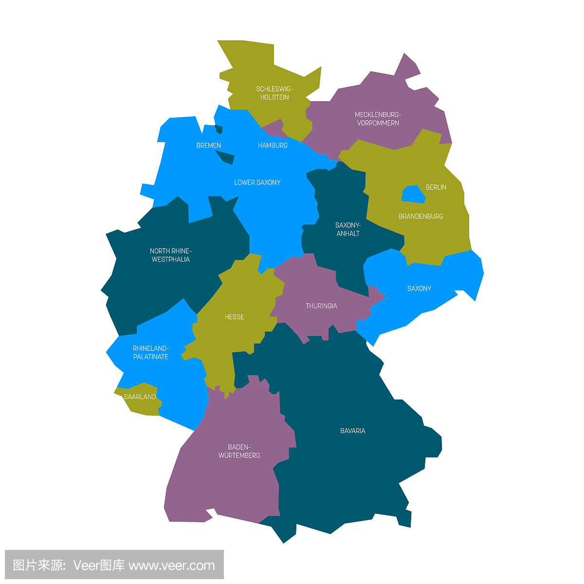 德国地图分为13个联邦州和3个城邦 - 柏林,不莱