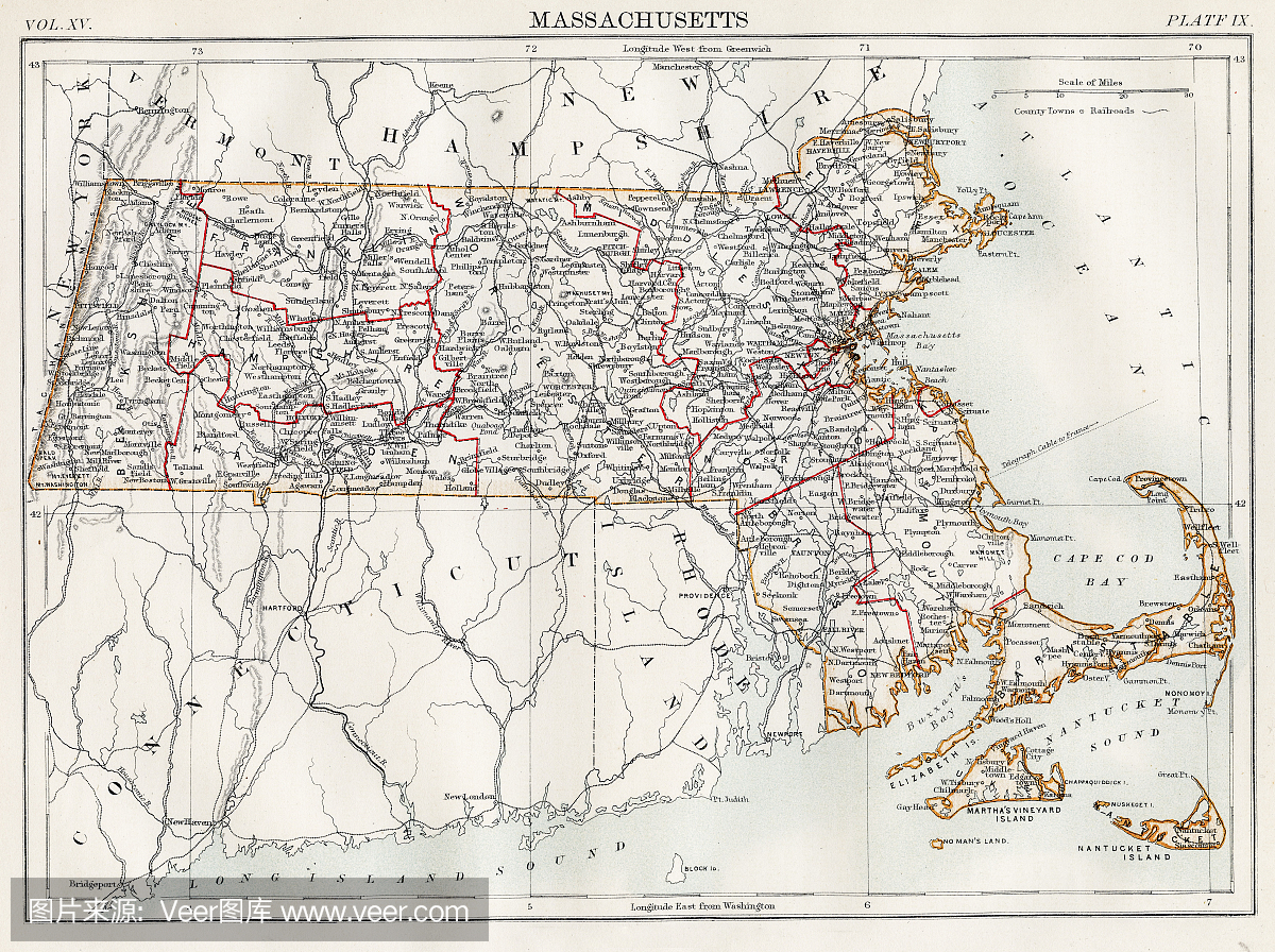 马萨诸塞州地图1883年