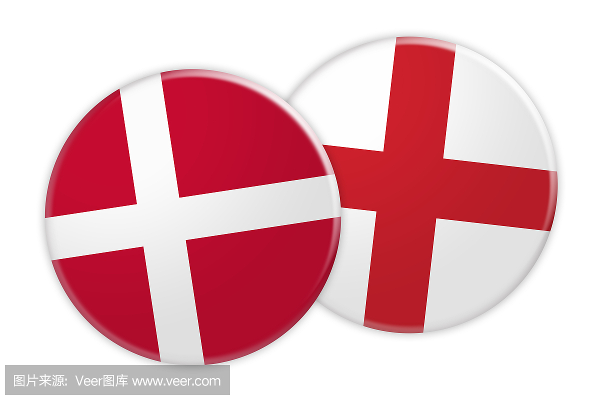 新闻概念:丹麦国旗按钮英国国旗按钮,在白色背